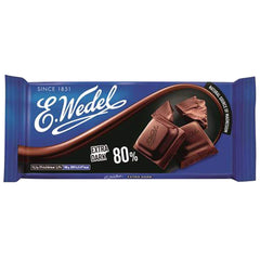 Close-up of E.Wedel 80% chocolate showing glossy texture for refined snacking.