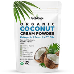 Earth Circle Organics coconut milk powder packaging on a pantry shelf, a dairy-free staple.