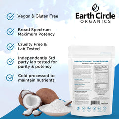 Earth Circle Organics coconut milk powder being poured into a mug for creamy aroma.