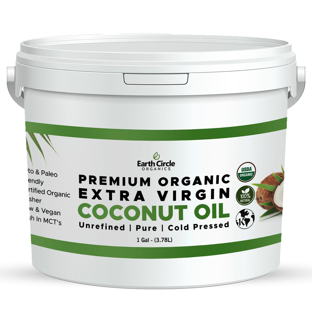 Earth Circle Organics coconut oil bottle pour showing versatile cooking uses