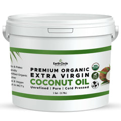 Earth Circle Organics coconut oil bottle pour showing versatile cooking uses