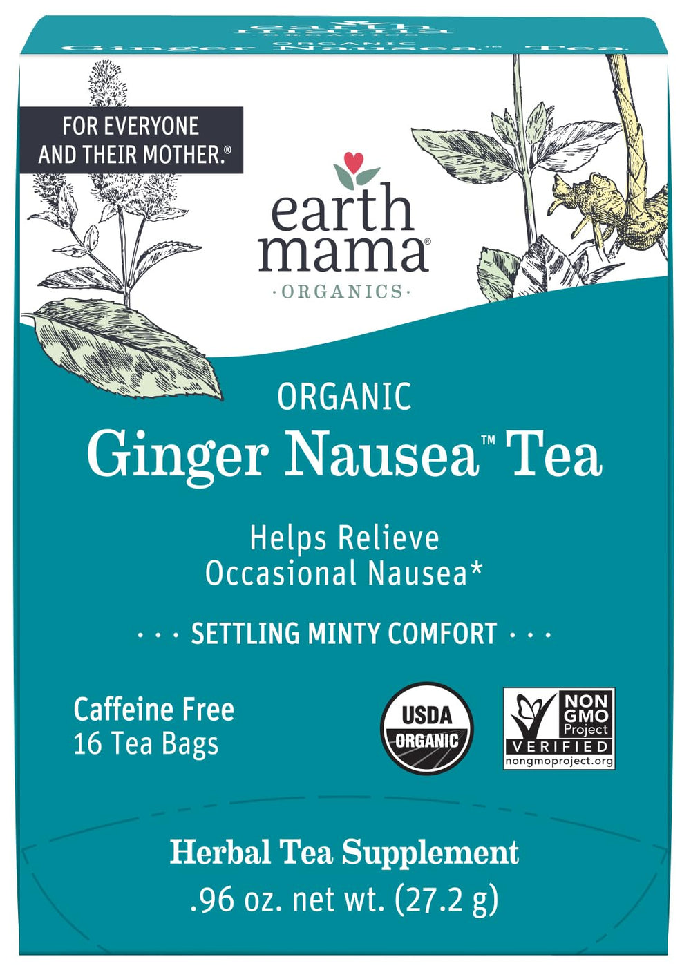Earth Mama Organic Ginger Nausea Tea bag in a mug, soothing warmth for tummy.