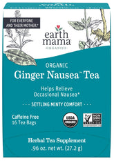 Earth Mama Organic Ginger Nausea Tea bag in a mug, soothing warmth for tummy.