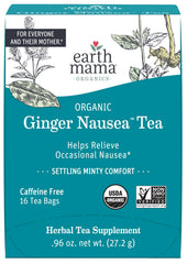 Earth Mama Organic Ginger Nausea Tea bag in a mug, soothing warmth for tummy.