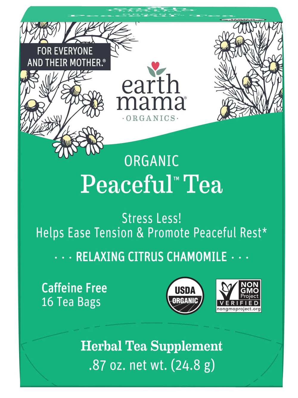 Earth Mama Peaceful Tea box on a kitchen counter suggesting a calming ritual