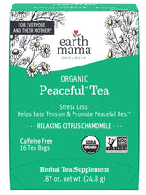 Earth Mama Peaceful Tea box on a kitchen counter suggesting a calming ritual