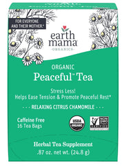 Earth Mama Peaceful Tea box on a kitchen counter suggesting a calming ritual