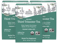 Earth Mama Third Trimester Tea pack close-up highlighting organic blend and certifications.