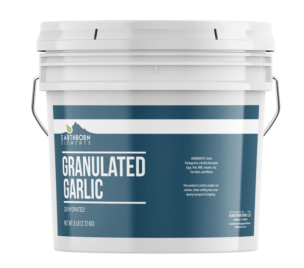 Earthborn Elements granulated garlic bucket front view, ready for quick, moisture-free flavor in any dish.
