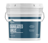 Earthborn Elements granulated garlic bucket front view, ready for quick, moisture-free flavor in any dish.