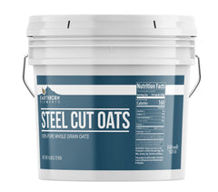 Earthborn Elements steel cut oats in a resealable bucket for easy breakfast prep.