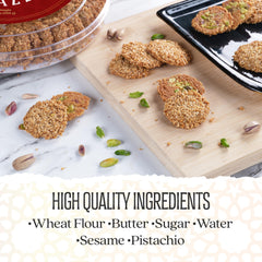 Eastanbul Barazek Pistachio Sesame Cookies ingredients display featuring pistachios and sesame.
