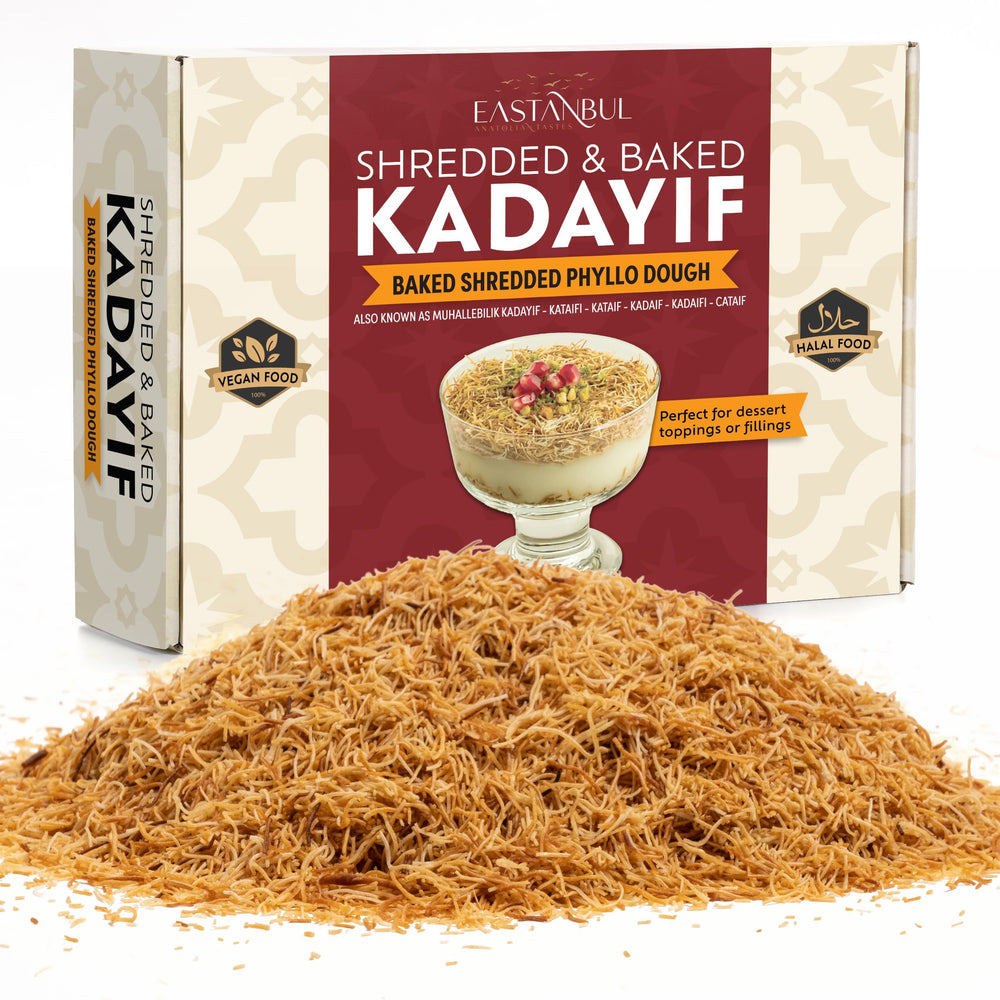 Eastanbul crushed kataifi for pudding topping offers crisp texture and rich flavor when layered.