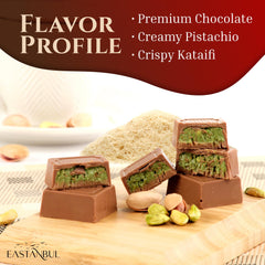 Eastanbul Pistachio Chocolate Bites reveal kataifi shredded dough texture.