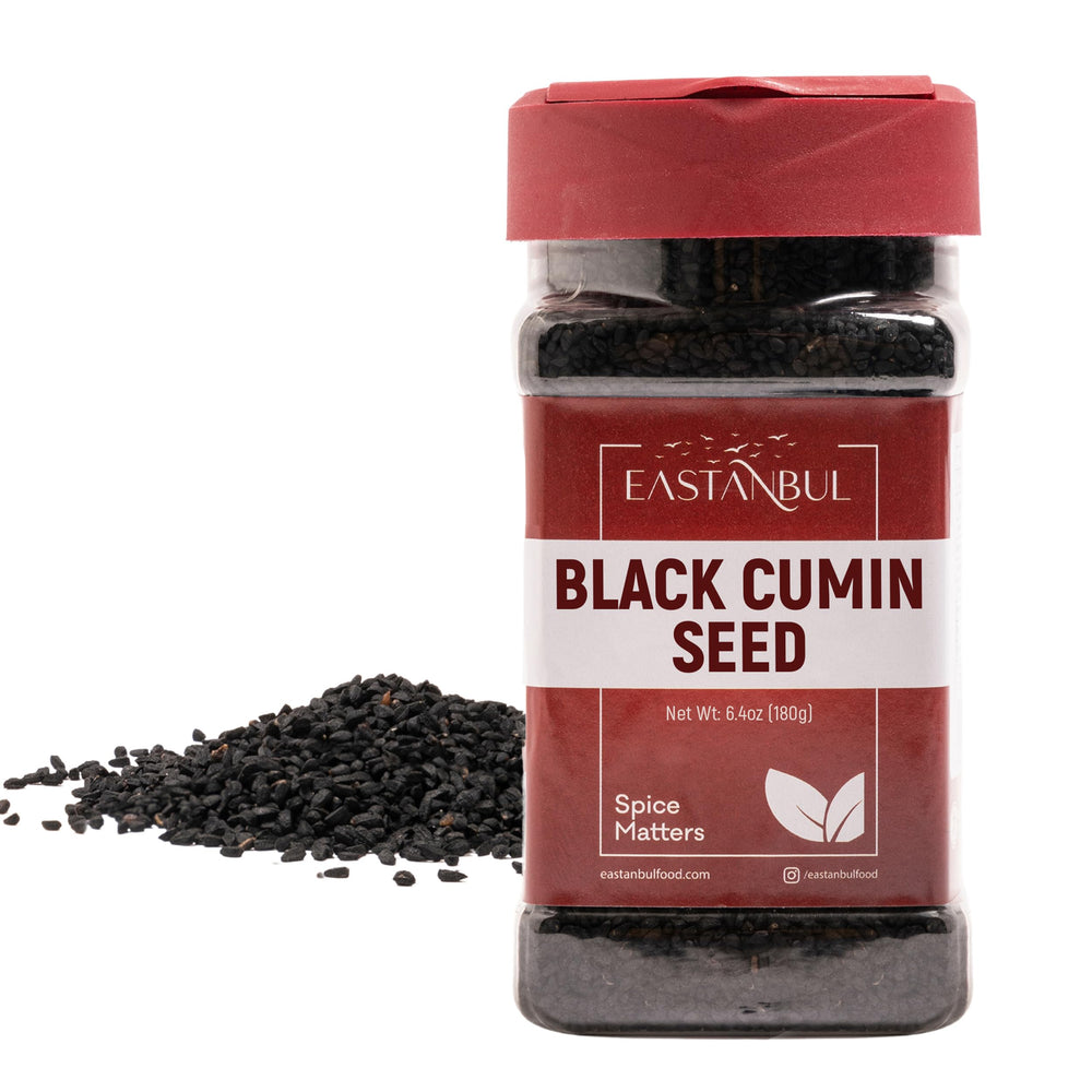 Eastanbul Nigella seeds in a glass bottle add authentic flavor to cooking.