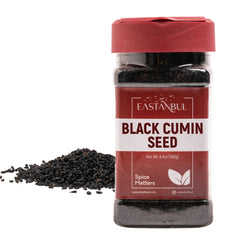 Eastanbul Nigella seeds in a glass bottle add authentic flavor to cooking.
