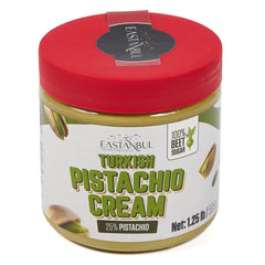 Eastanbul Pistachio Cream jar closeup showing creamy dessert-friendly texture.