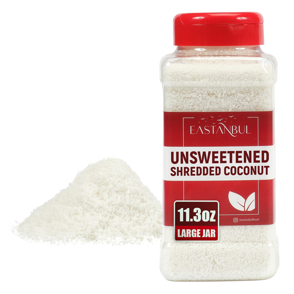 Eastanbul shredded coconut bag shows unsweetened flakes for baking and topping versatility
