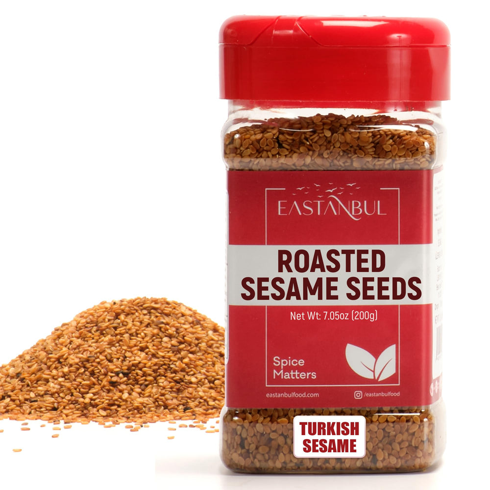 Eastanbul toasted sesame seeds bottle showing resealable packaging for freshness and easy seasoning.