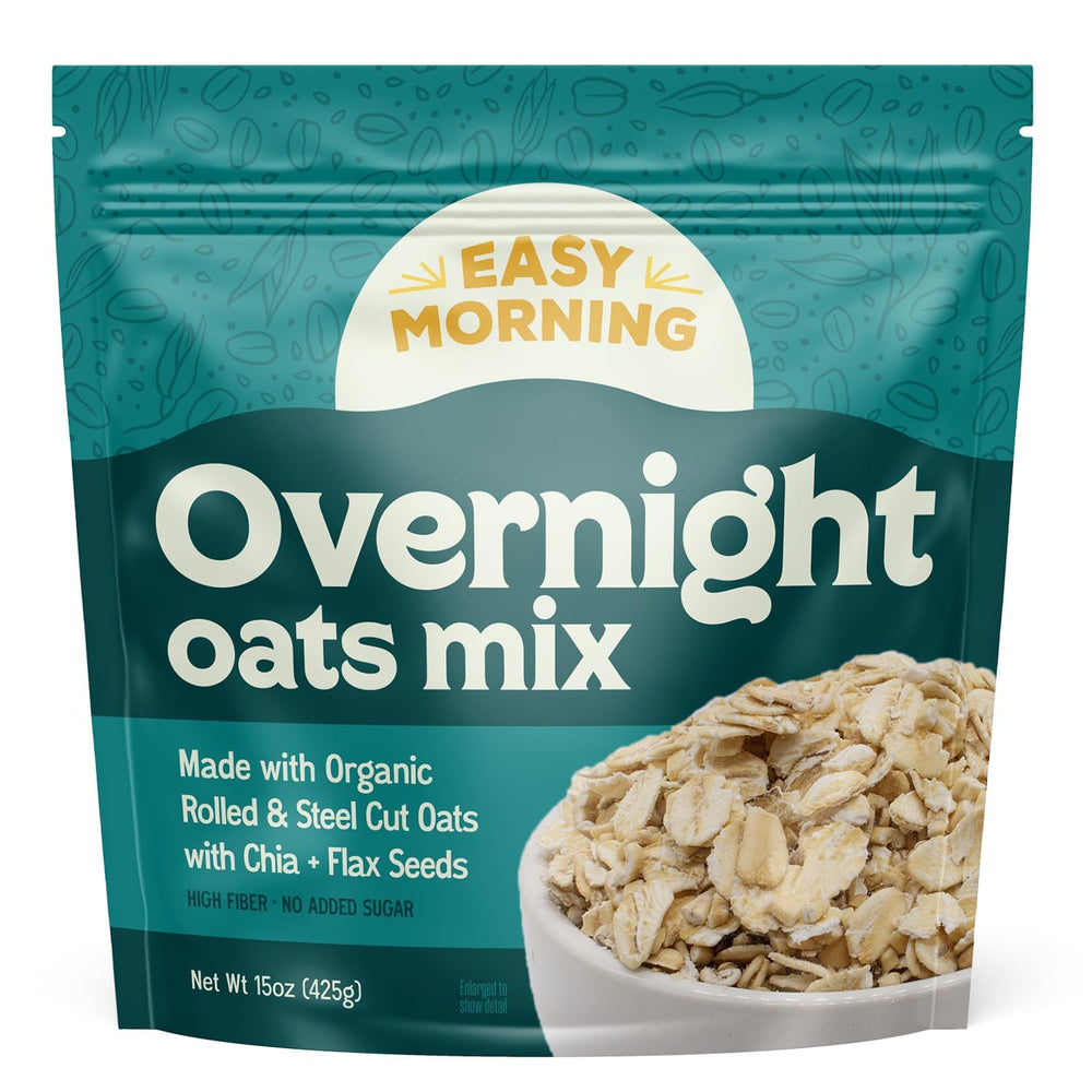 Easy Morning Overnight Oatmeal Mix in packaging, ideal for a quick breakfast.