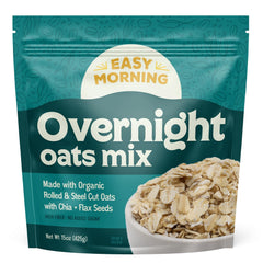 Easy Morning Overnight Oatmeal Mix in packaging, ideal for a quick breakfast.