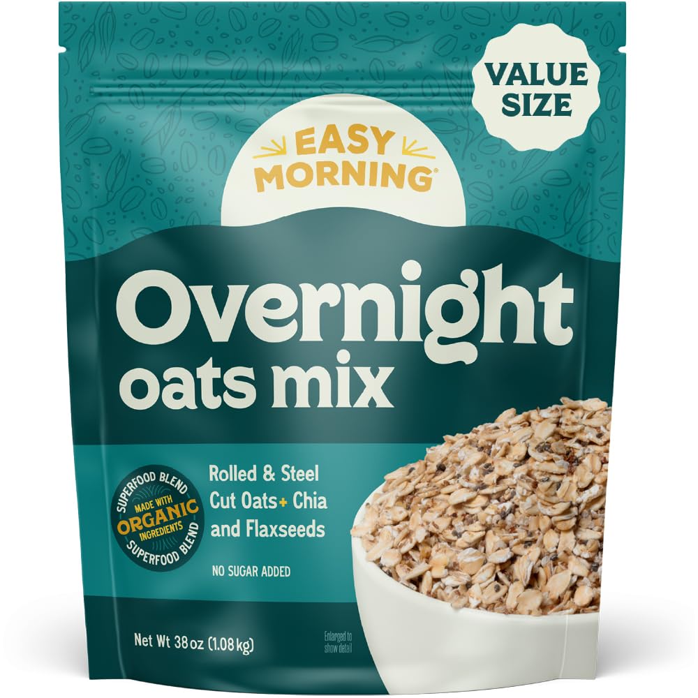 Easy Morning overnight oatmeal mix packshot with product label and organic ingredients.