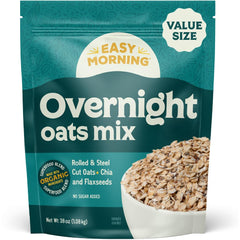 Easy Morning overnight oatmeal mix packshot with product label and organic ingredients.