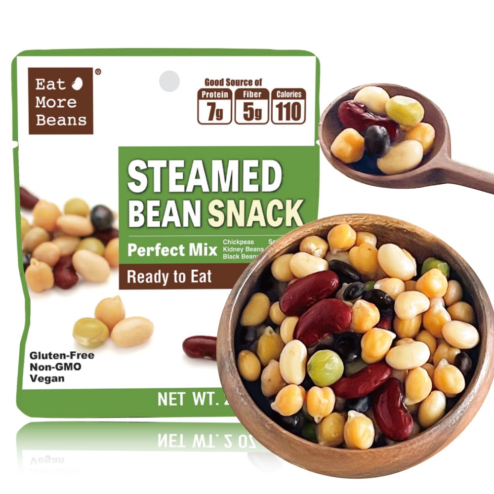 Eat More Beans perfect mix packaging, organic snack in a resealable pouch, convenient on-the-go.