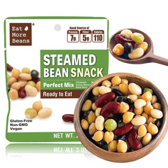 Eat More Beans perfect mix packaging, organic snack in a resealable pouch, convenient on-the-go.