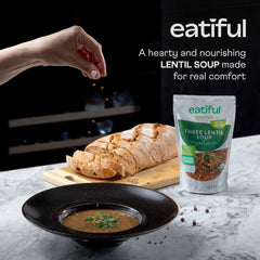 EATIFUL lentil soup showing green red and brown lentils for a fiber rich meal