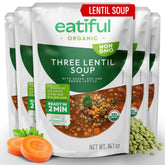 EATIFUL lentil soup packaging shows organic ingredients and ready-to-heat convenience.