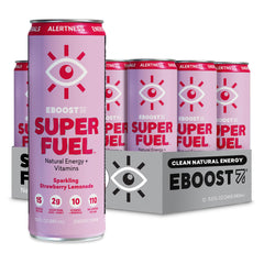 EBOOST Super Fuel Strawberry Lemonade can front showing refreshing energy on the go