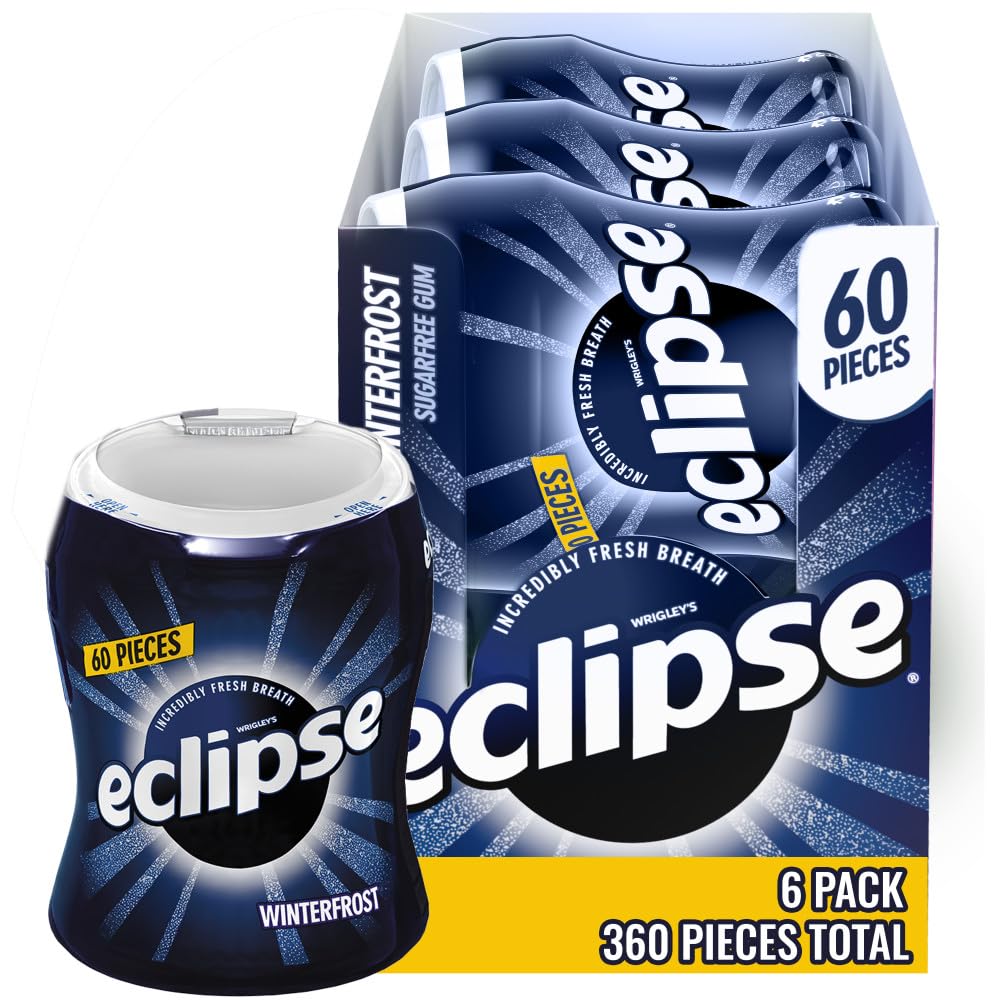 Eclipse Winterfrost gum bottle with 60 pieces for on-the-go freshness.