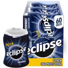 Eclipse Winterfrost gum bottle with 60 pieces for on-the-go freshness.