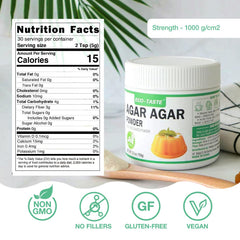 Eco-Taste Agar Powder pouring with scoop illustrates easy vegan dessert preparation.