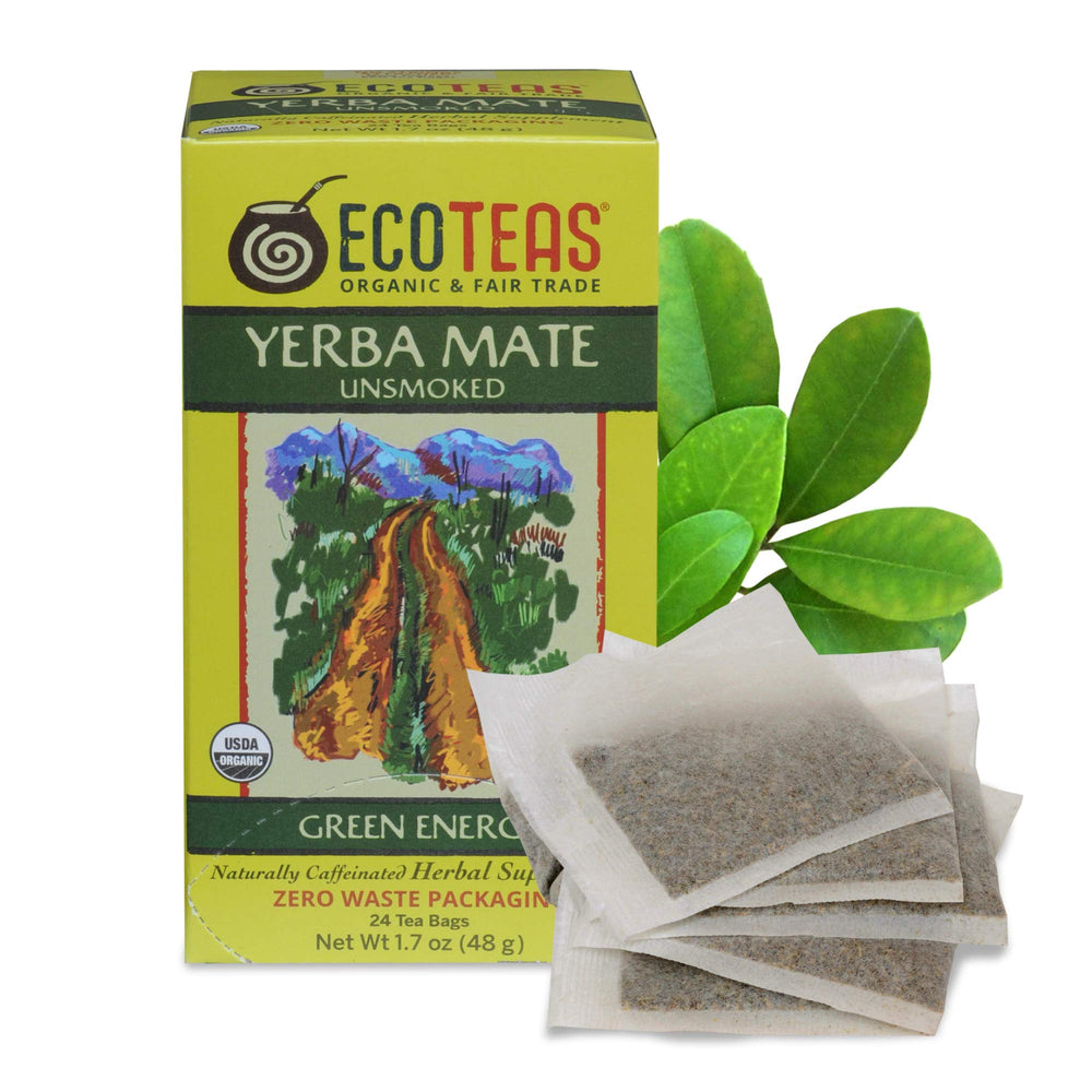 ECOTEAS Yerba Mate unsmoked tea bags show minimal packaging for eco-friendly sipping.