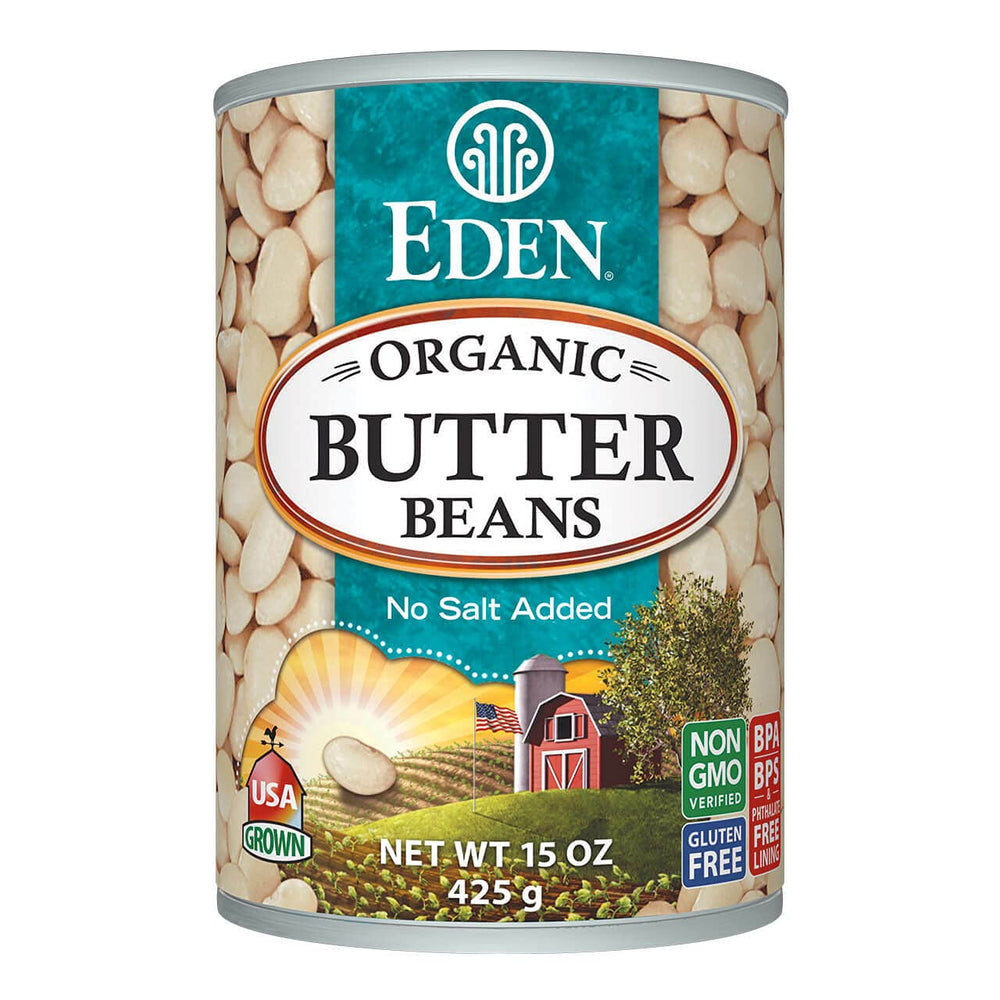 Eden Butter Beans 15 oz can label showing organic, non-GMO ingredients