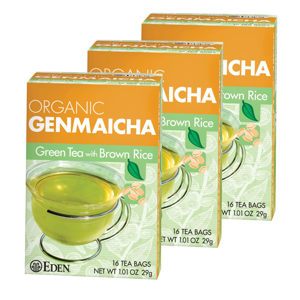 Eden Genmaicha tea bags in box for daily brewing.