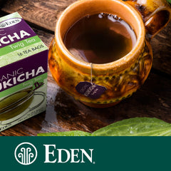 Dried twig leaves of Eden Kukicha highlight organic, traditional cultivation.