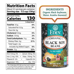 Eden Organic Black Soybeans 15oz can back label, gluten-free and non-GMO details.