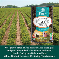Front label shows no salt added and non-GMO sourcing for Eden black beans