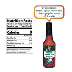 Close-up of Eden Organic Brown Rice Vinegar label, highlighting traditional fermentation craft