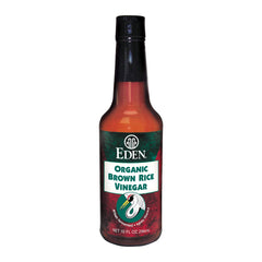 Eden Organic Brown Rice Vinegar bottle with amber glass, ideal for sushi rice