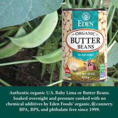 Close-up of Eden Organic Butter Beans shows naturally creamy texture ideal for heartier meals.