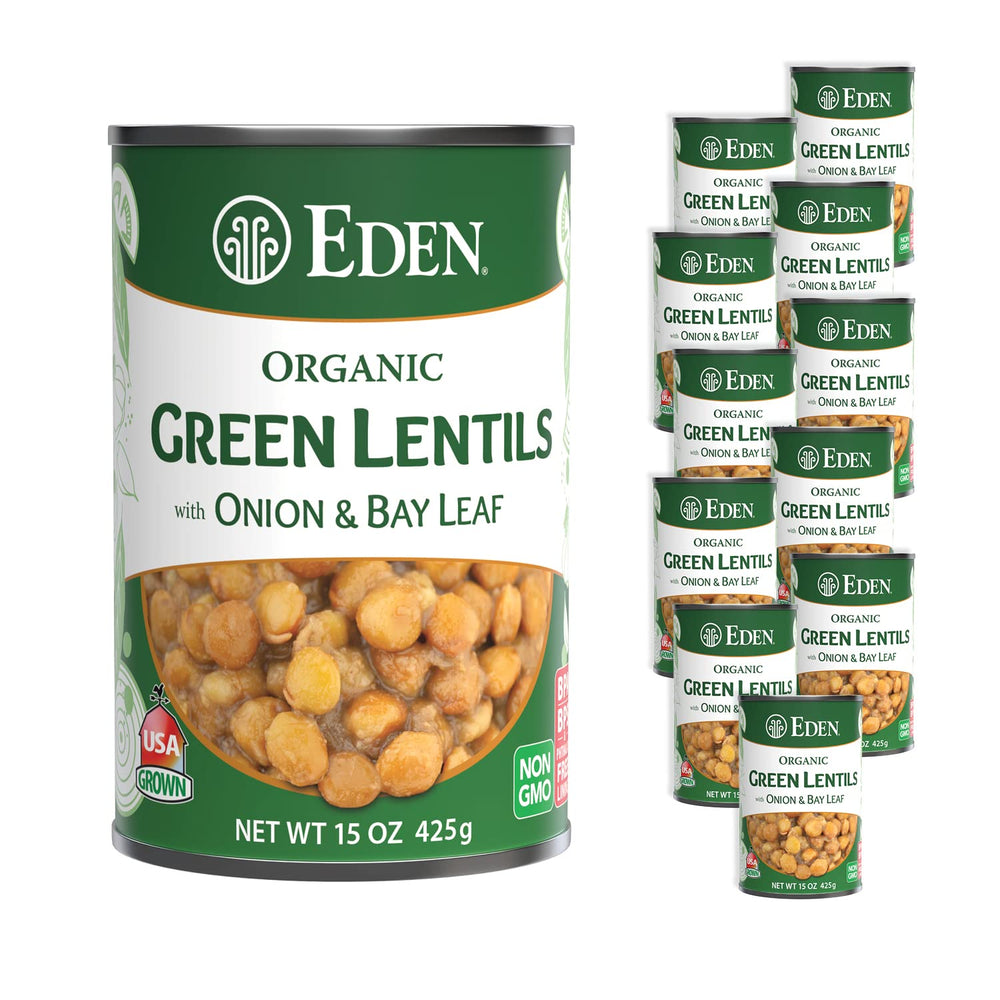Eden Organic Green Lentils with Onion and Bay Leaf can, ready to heat.