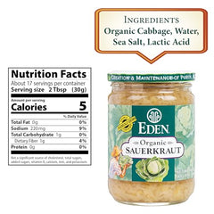 Eden Sauerkraut jar label highlights four-ingredient recipe and organic origin.