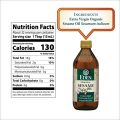 Eden sesame oil glass bottle with label emphasizes preservation of nutrients.