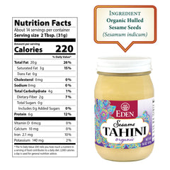 Eden tahini glass jar highlights smooth pour for dressings and spreads.