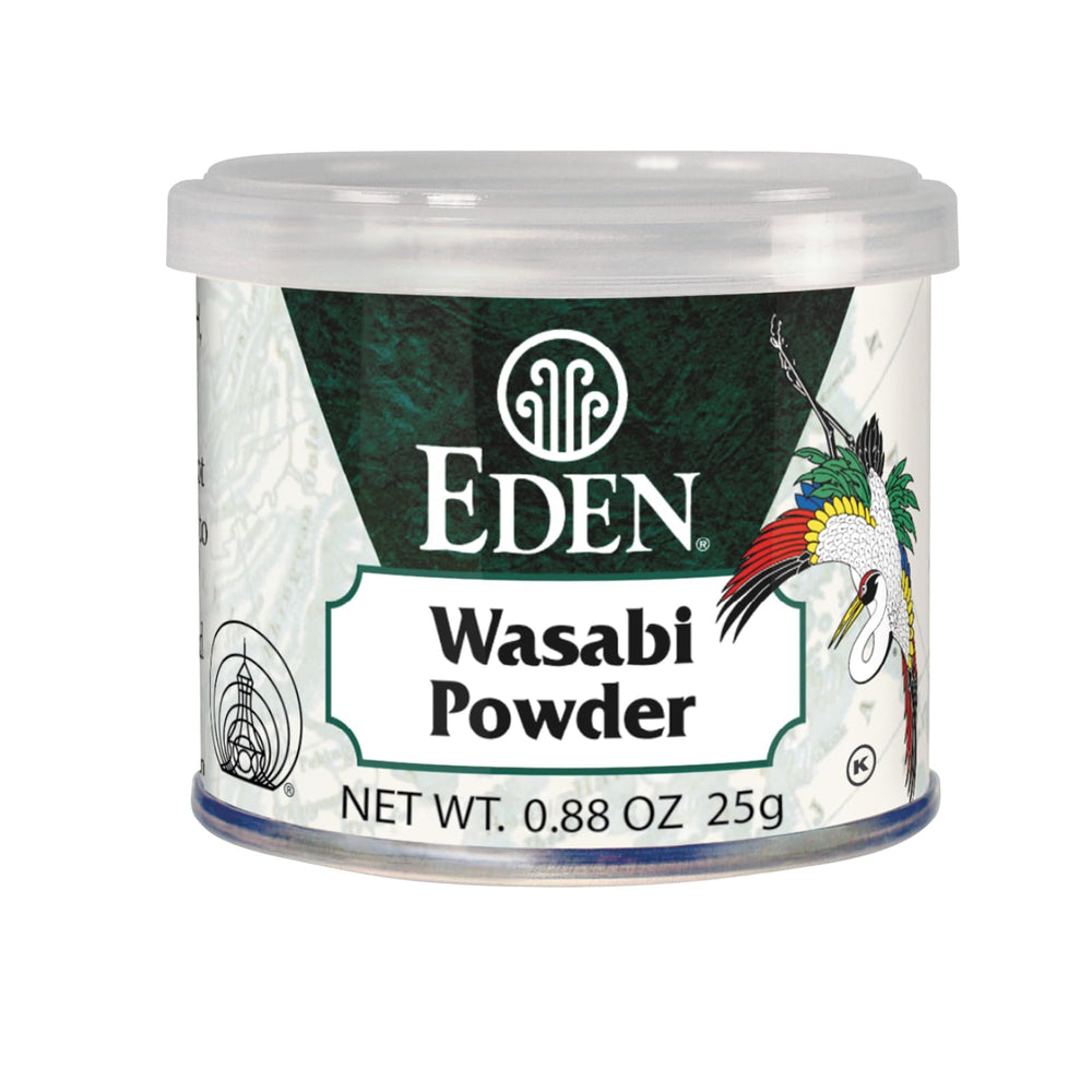 Eden Wasabi Powder real horseradish jar shows vibrant color and aroma.