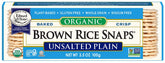 Edward & Sons Brown Rice Snaps front label shows gluten-free, unsalted snack.